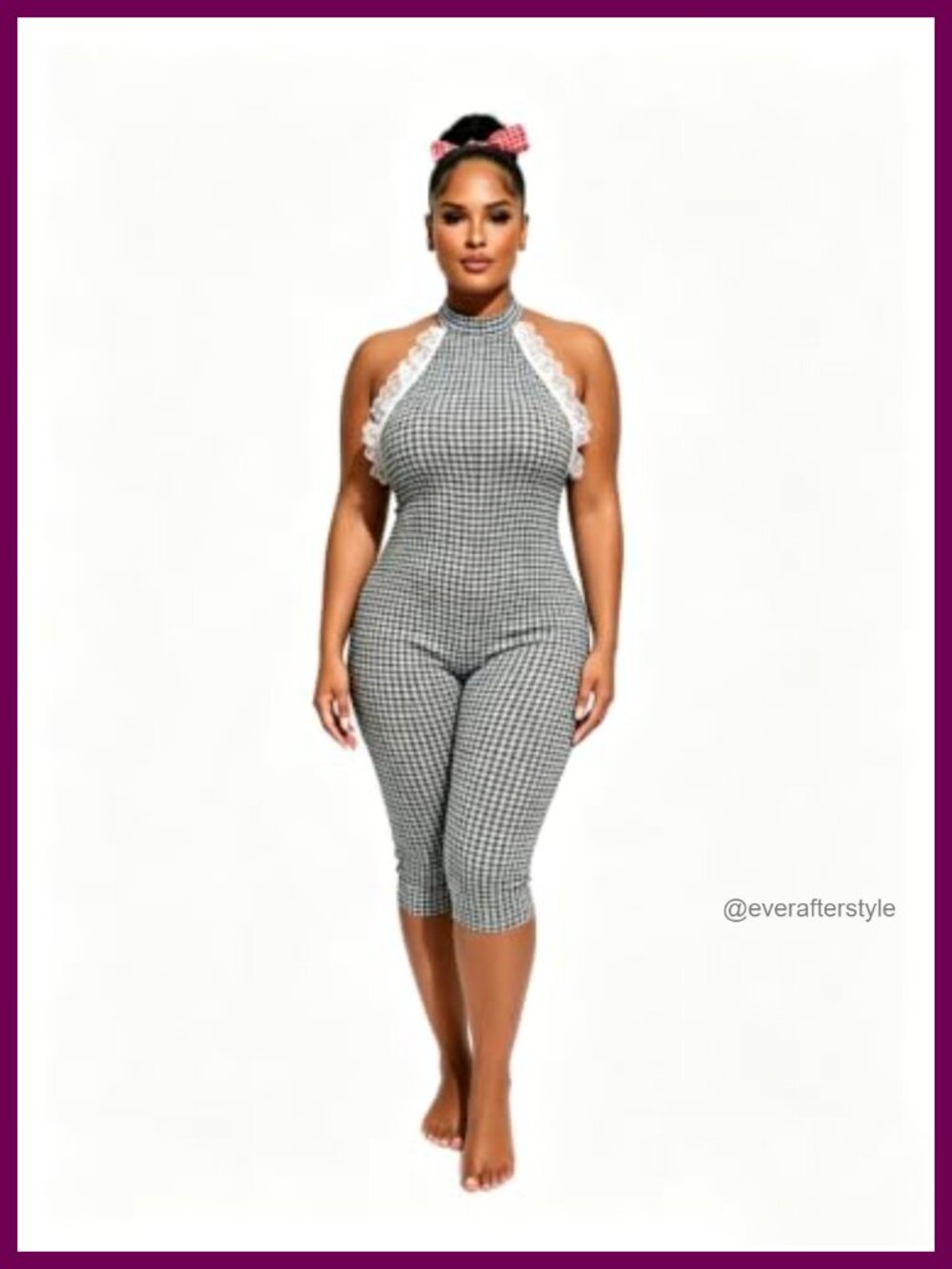 Women's Checkered Halter Jumpsuit Sleeveless Open Back Bodycon Romper - Picture 4 of 6